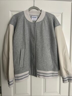 Old Navy Grey Wool-Blend Bomber Jacket with Cream Sleeves NWT